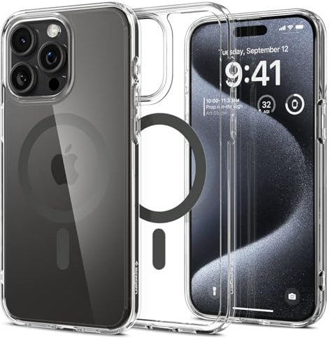 Spigen für iPhone 15 Pro Ultra Hybrid MagFit Hülle [Anti-Yellowing] Case Handyhülle Transparent Dünn Slim Kompatibel mit MagSafe -Graphite
