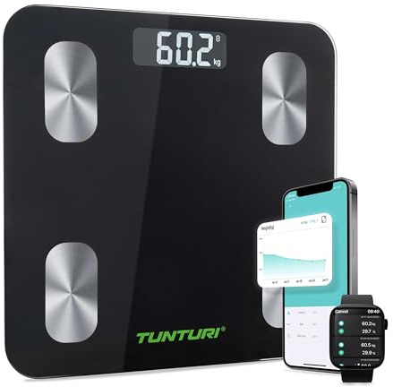 Tunturi Personenwaage - Waage - Bluetooth - 180 kg Benutzergewicht - Körperfettwaage mit App - inklusive Körperanalyse