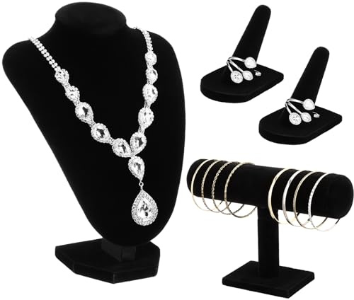 Wenqik 4 Pcs Velvet Jewelry Display Set Velvet Necklace Bust Holder Bracelet Organizer 2 Ring Finger Jewelry Holder(Black)