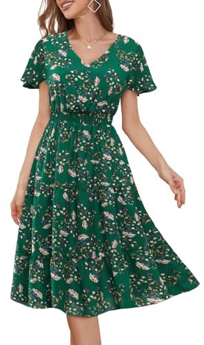 Bridesmay Floral Dress for Women,Chiffon Midi Dress for Women,Spring Bridesmaid Dresses with Sleeves Dark Green Small Flower L