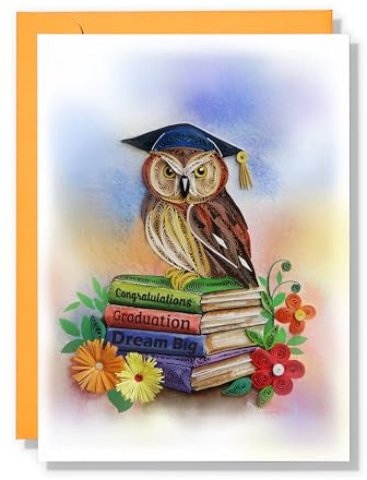 QUILLCRAFT Graduation Card, Owl and Books High School Graduation Cards, Quilled Quilling Greeting Congratulations Gift Card for Boy Girl Brother Daughter with Envelope (Owl and Books)
