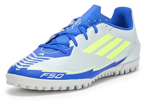 Adidas Unisex-Adult F50 Club Messi Turf Soccer, Silver Metallic/Solar Yellow/Lucid Blue, 12