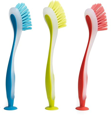 3Pcs Dish Brushes with Suction Cup - For Washing Up Plates, Pans, Pots - Random Color