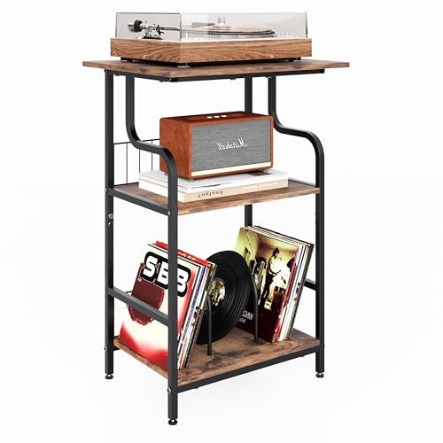 FANNYE Record Player Stand, 3-Tier Record Player Table, Vinyl Record Storage with Extra-Large Desktop, Turntable Stand End Table for Vinyl Record, Record Holder for Living Room