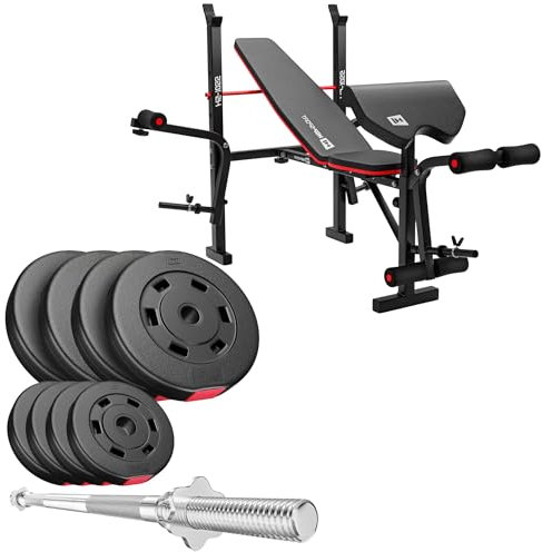Hop-Sport HS-1055 klappbare Hantelbank mit Gewichten 37 kg, Langhantel Set für Krafttraining inkl. 8 Hantelscheiben, Langhantel 120 cm und 2 Sternverschlüsse