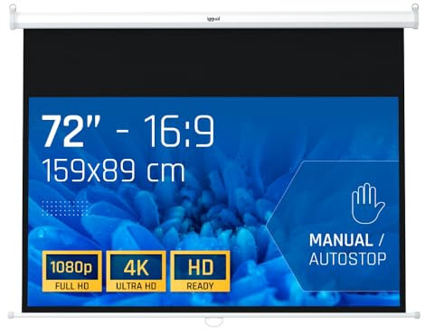iggual Écran de Projection 72 Pouces - Enroulable Manuel Panoramique - Format 16:9 - Angle de Vision 180° - Hauteur Réglable - Adapté Mur/Plafond - Compatible 4K et Tout Projecteur, (159x89 cm)