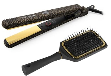Corioliss C-Style | Piastra per Capelli | Piastre in Titanio | Controllo Temperatura 165º-220º | Ioni | Onde e Liscio | Con Spazzola Paddle | Riscaldamento Rapido | Cavo Girevole | Leopard Gold