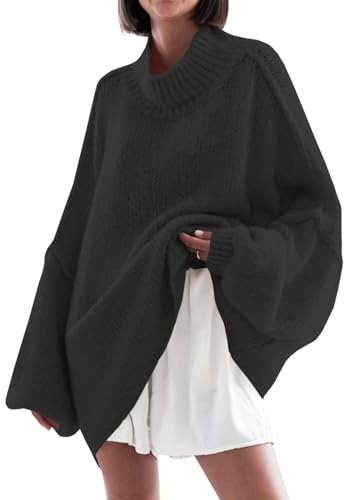 Saodimallsu Maglione da Donna, Oversize, Maniche a pistrello, in Tinta Unita, Elegante, a Collo Alto, Invernale, Casual, Lavorato a Maglia, Nero, M