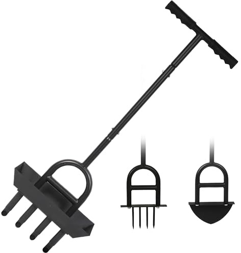Boudech Aeroforge - Arieggiatore per Prato Manuale 3 in 1 con Aeratore a 4 Punte Pala a Mezzaluna per Bordatura e Carotaggio con Vassoio di Stoccaggio per la Cura del Giardino Nero