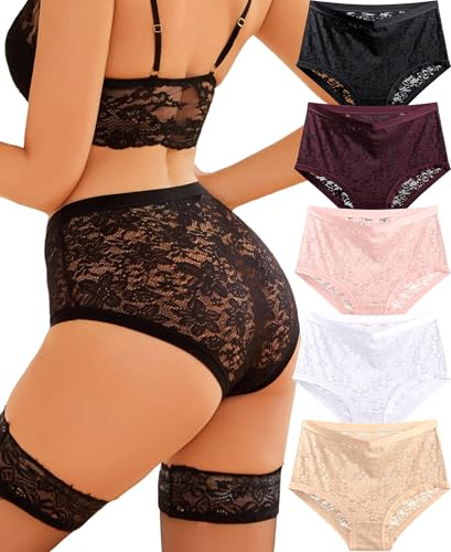ALL OF ME Mutande Donna Vita Alta Slip Donna Pizzo Morbido e Comodo Confezione da 5 Taglie da S a XXL