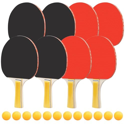 Ping Pong Paddle Set of 8, Portable Table Tennis Rackets | 12 Yellow Ping Pong Balls, Table Tennis Player Set for Indoor and Outdoor Games, Red and Black