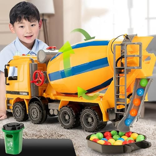 Fafeims Mixer Lastbil Leksaksbil 180 Graders Roterande Utlopp Stimulerande Trumma för Pojkar, ABS Cement Mixer Leksaksfordon för Barn (Stor storlek utan ljud och ljus)