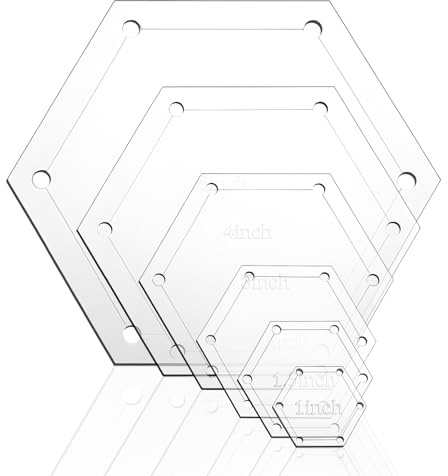 6 PCS Acrylic Hexagon Quilting Templates, 1, 1.5, 2, 3, 4, 5 Template with 1/4 Inch Seam Allowance Transparent Templates for Quilting Patchwork Sewing Crafting Enhance Creativity