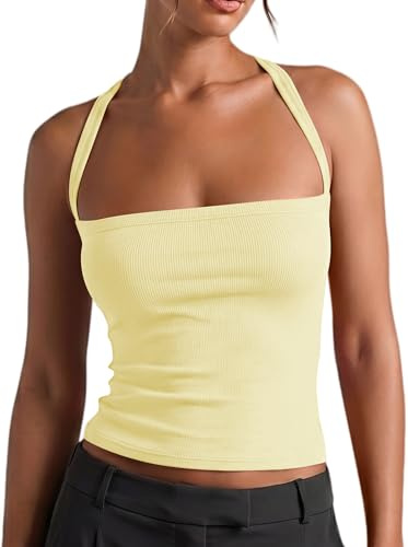 Xiaoliny Camiseta Sin Mangas Mujer Verano Cuello Cuadrado Halter Top Sexy Camiseta Tirantes con Espalda Cruzada Casual Y2K Crop Tops Básico Chaleco Top Corto Camisola Ajustado para Diario Deportiva