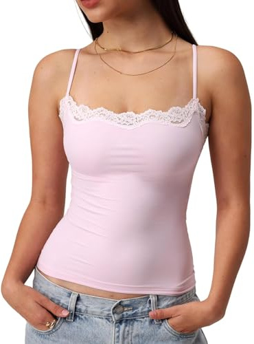 Qianderer Womens Padded Lace Cami Tank Tops Adjustable Sleeveless Spaghetti Strap Built in Bra Shirts Slim Fitted Basic Crop Top Summer Clothes