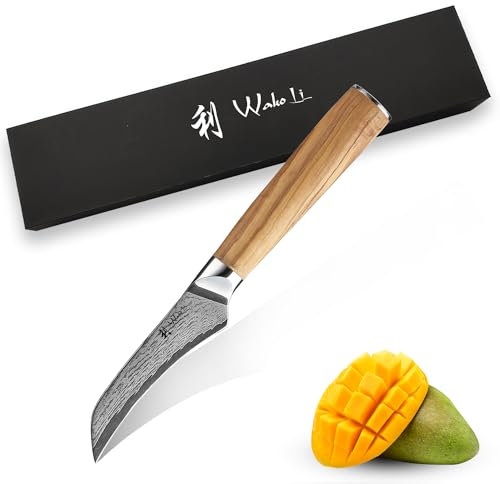 Wakoli Oribu Schälmesser 8,5 cm Küchenmesser aus 67 Lagen echtem Damaststahl, AUS-10 Kern, 60±2 HRC, Olivenholz-Griff, Profi Kochmesser, Gemüse- & Obstmesser, kleines Damastmesser, Geschenkverpackung