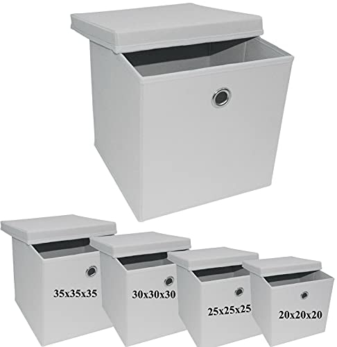 A406 4x Foldable Storage Boxes with Lid Storage Basket with Lid Fabric Cubes with Handles Collapsible Fabric Organiser Clothes Storage Box (Medium- 25x25x25cm, White)