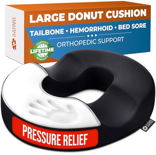 5 STARS UNITED Donut Pillow Hemorrhoid Tailbone Cushion – Large Floor Cushion for Pain Relief – Coccyx, Prostate, Sciatica, Pelvic Floor, Pressure Sores, Pregnancy, Postpartum Recovery, Black