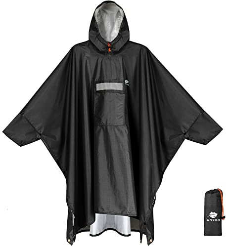 ANYOO Poncho Antipioggia Impermeabile con Maniche e Tasca, Leggero e Riutilizzabile, con Cappuccio ideale per Attività all'aperto, Campeggio, Escursionismo, Pesca, Nero, Taglia Unica