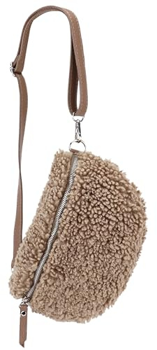 SH Leder ® Teddy Plüsch Hüfttasche Damen Gürteltasche für Festival Reise Bauchtasche mittelgroße Crossbody Bag Frauen mit echt Leder Schultergurt 27x16cm Kate G358 (Helltaupe, M)