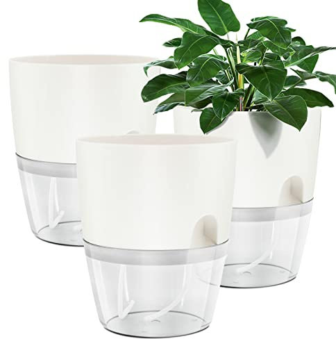 Muzhira Fioriere di Vaso di Plastica, 3pcs 15.3cm Vaso con Sistema di Auto-irrigazione, per Fiori, Erbe, Violette Africane, Succulente - Bianco