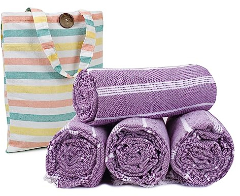 HILLFAIR Cotton Turkish Beach Towels, Quick Dry Lightweight Sand Free Peshtemal Towel for Bath Swim Yoga Spa Travel, Beach Accessories, Oversized Cotton Turkish Towels (39 x 72 inch- 4 Pack Purple)