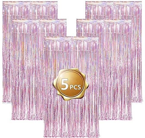 Eowppue Tenda Lametta Rosa Scintillante, 5 Pezzi Tende Lametta in Lamina con Frange, Tenda Piena e Luminosa per Matrimonio, Fidanzamento, Doccia Nuziale, Compleanno, Festa di Addio al Nubilato