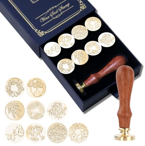 9 Stück Wachs-Siegel-Stempel-Set, Blumenstempel Botanical Sealing Stamper Kit, Holzgriff mit Messingkopf für Hochzeit Grußkarten Geschenk
