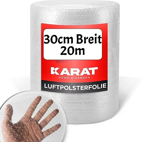 KARAT Luftpolsterfolie Rolle l 20m X 30cm Ideal für Versand, Verpackung und Umzug - 100% recyclingfähig - Bubble Wrap als Verpackungsmaterial - Noppenfolie - Polstermaterial