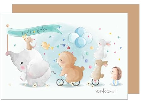 Edition Seidel Tarjeta de felicitación para nacimiento premium con sobre. Tarjeta de bebé de eventos Billet Hello Baby Welcome animales niño niña (E277 SW024)