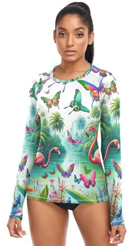 ODAWA Sea Turtle Style Damen Rashguard Top Schwimmen Outdoor T-Shirt für Angeln, Laufen, Workout, Schmetterlinge, tropische Pflanzen und Flamingos, XL