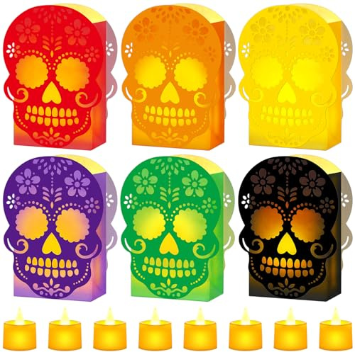 24 Sets Halloween Day of The Dead Luminary Bags with LED Tea Lights Dia De Los Muertos Black Day of The Dead Mexican Fiesta Paper Candle Holder Bags Halloween Mexican Party Favors Decorations Supplies