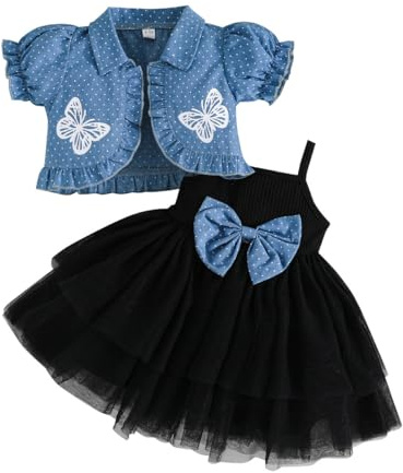 LUVCES Ensemble Robe Tutu et Cardigan Bebe Fille 2Pcs sans Manches Bowknot Princesse Robe et Cardigan en Jean Manteau été Automne Vêtements Outfits Manches Courtes Noir 2-3 Ans