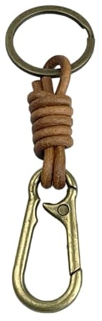 Llavero Mosquetón Color Bronce - Llaveros Mosquetón con Cuerda de Cuero y Nudo Marrón - Accesorio llaves amantes de Aventuras, Enganche, Escalada, Deportes, Alpinista… - Llavero unisex hombre y mujer