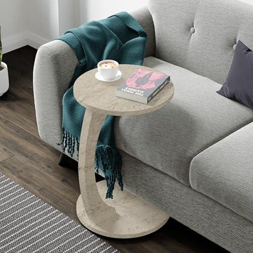 [en.casa] Beistelltisch Holeby Couchtisch Sofatisch auf Rollen Betttisch Laptoptisch C-Form Wohnzimmertisch Rolltisch runde Tischplatte Kaffeetisch 56 x Ø 38 cm Abstelltisch Travertin
