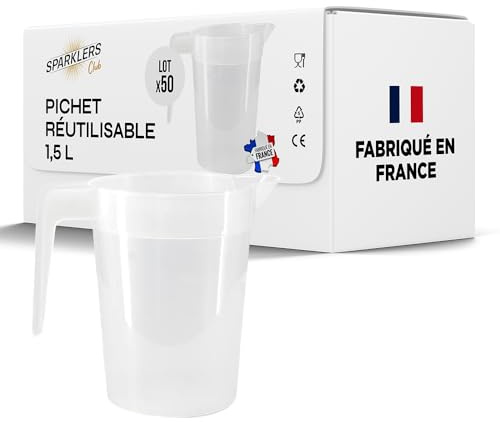 SPARKLERS CLUB Lot de 50 Pichets Réutilisables 1,5L - Polypropylène Alimentaire (PP) - Pichet Transparent, Robuste, Empilable - Lave-Vaisselle 150 Lavages - Événement, Buvette, Festival