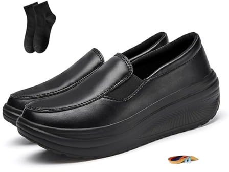 Botas de cuero con soporte de arco de alivio del dolor ergonómico para mujer, zapatos de plataforma con cuña para caminar, mocasines de suela rocker de plataforma para mujer, cómodos y ligeros, zapato