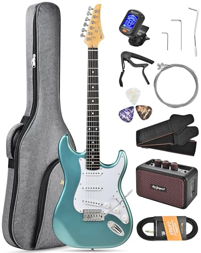 Leo Jaymz Beginner Electric Guitar 39” Kit with Portable Amplifier, Padded Gig Bag, Digital Tuner,Capo,Strap,Picks,Classic SSS Pickups (Cyan-SSS)