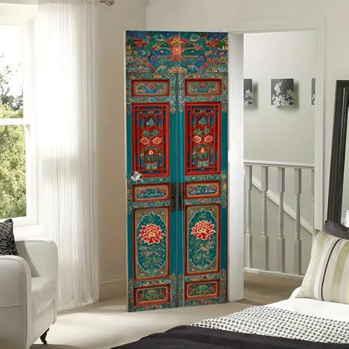 Door Sticker 30.31x78.74 Inch Traditional Carved Wood Style Panel Blue Background Floral Motifs Oriental Decorative Bedroom Living Room Entryway