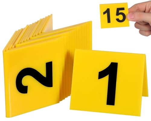 BAZEITFLOW 15 st multifunktionella bevismarkörer brott scen nummer skyltar bordsnummer skrivbordsskyltar för spelmaterial och brottsplats dekorationer med gul bakgrund svart text 5,5 x 6,3 cm
