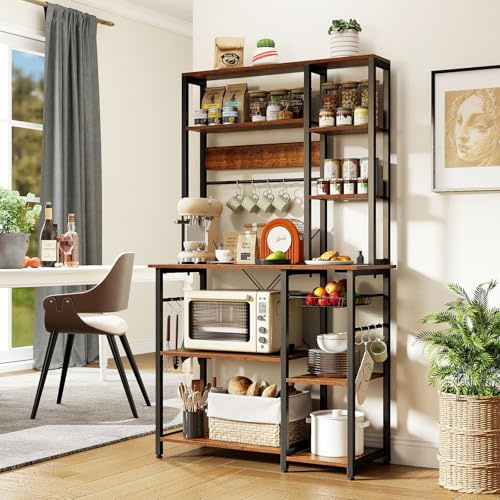 GiantexUK 170 cm Kitchen Baker’s Rack, 9-Tier Storage Shelf with Power Outlets & 12 Hooks, Wire Basket & Anti-tipping Device, Metal Frame Microwave Oven Stand for Dining Living Room