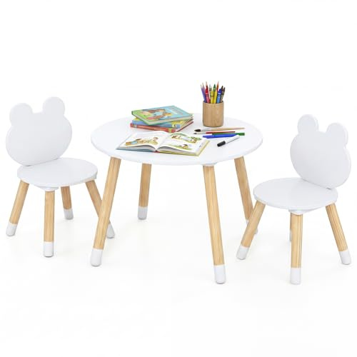 COSTWAY Set Tavolo e Sedie per Bambini, Tavolino e 2 Sedie a Forma di Rana con Gambe in Legno e Angoli Arrotondati, Set Mobili Salvaspazio per Bambini 3+ Anni per Cameretta Ragazzi (Bianco)