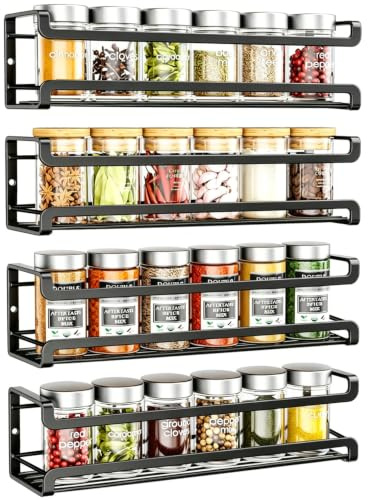 HOAENTSA Spice Rack Wall Mounted 4 Pack, Black | Space Saving Spice Organizer, Screw or Adhesive Mounting, Suitable for Kitchen Cabinets, Suitable for Pantry Doors