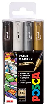 POSCA PC-1M Permanent Marker Paint Pens. Extra Fine Tip for Art & Crafts. Multi Surface Use On Wood Metal Paper Canvas Cardboard Glass Fabric Ceramic Rock Pebble Porcelain. Set of 4 Mono Colours