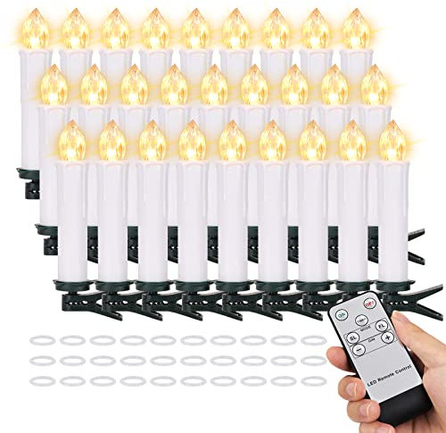 FREEPOWER 30PCS Flameless LED Taper Candles Battery Operated Christmas Tree Candle Lights With Remote Timer, Flickering Flame Mini Clip on Candles For Christmas Trees Garden Parties Home Decor (White)