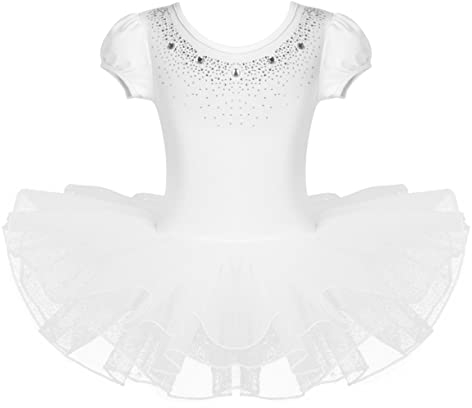 FEESHOW Mädchen Ballettkleid Kinder Ballett Trikot Leotard mit Tutu Rock Spitze Tanzkleid Ballettbekleidung Gr.92-122 Weiß 92-98