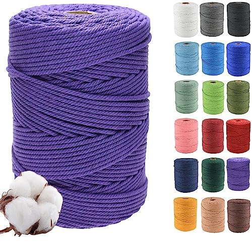 3mmx500m Cuerda de Algodón Natural para Macramé - Cuerda de Algodón para Macramé, 4 Hebras Torcidas de Algodón 100% Natural para Colgantes de Pared Hechos a Mano, Bricolaje, Manualidades,morado oscuro