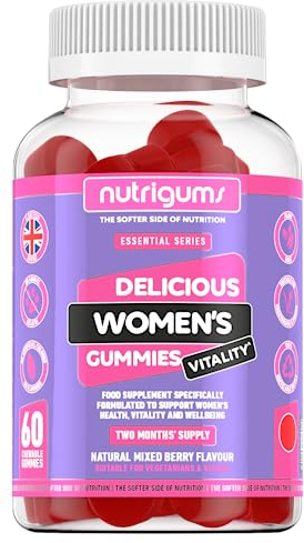 Nutrigums Vitalitäts-Multivitamin- und Probiotika-Gummibärchen für Frauen | Gemischter Fruchtgeschmack | 60 vegane Gummibärchen | Enthält 19 aktive Nährstoffe. Darm, Knochen, Energie, Haare, Haut, Seh