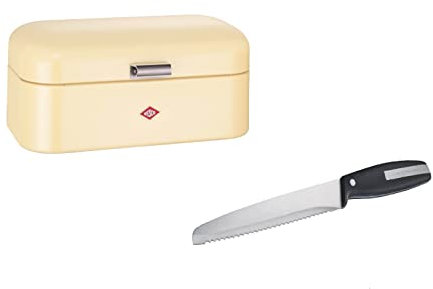 Wesco Set aus 1x Grandy Brotkasten in der Farbe Mandel aus hochwertigem Stahlblech pulverbeschichtet und 1x Brotmesser mit Edelstahlklinge im Wellenschliff