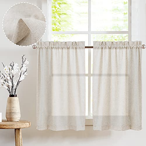 Vangao Naturlig fönstergardin linne bistrogardin halv transparent privat sfär enfärgad gardin sheer gardin par halsdukar fönstergardin för små fönster kök vardagsrum lantställe 65 cm x 90 cm set om 2